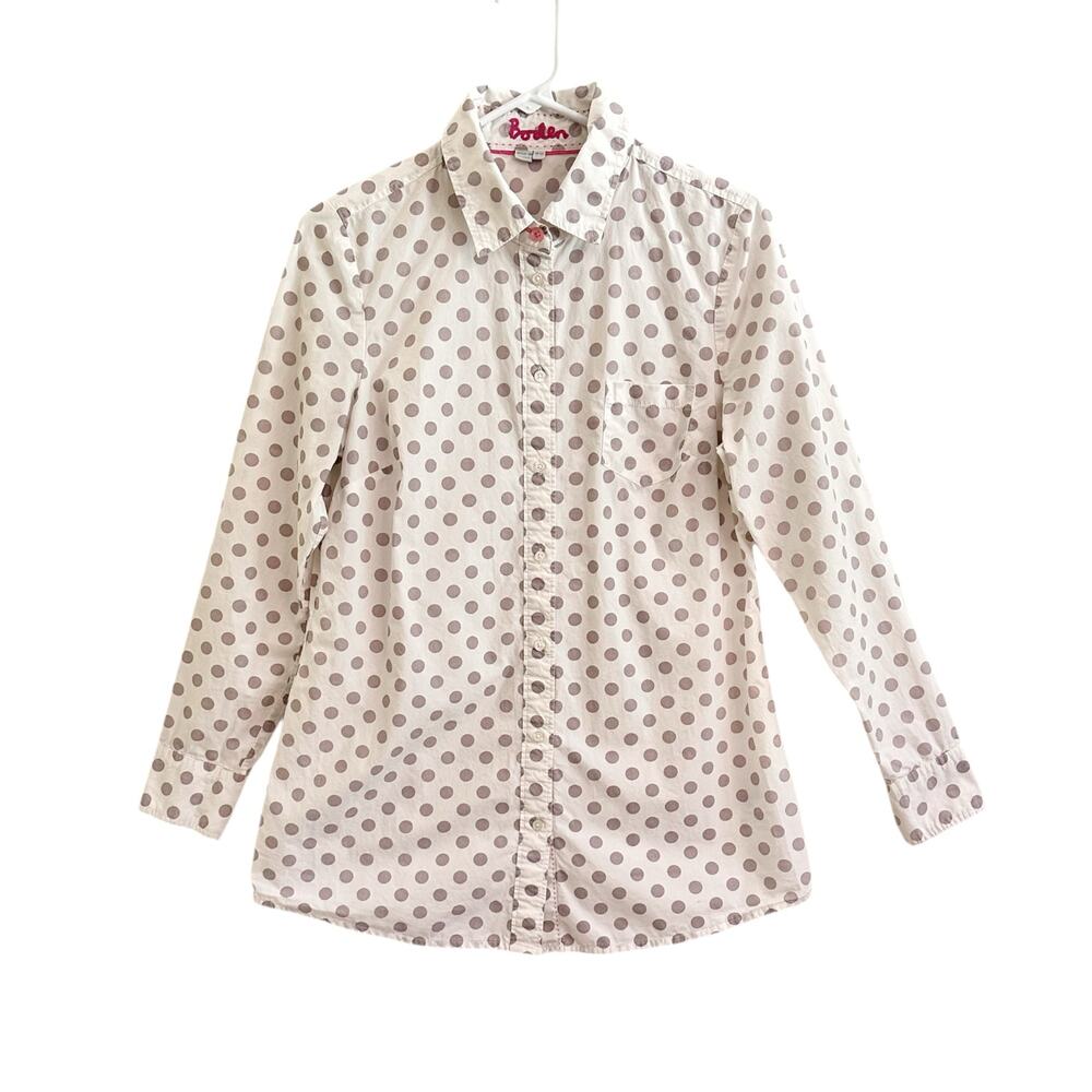 Boden Classic Fitted Oxford Shirt Polka Dot Sz 8 LONG Preppy Office Whimsy